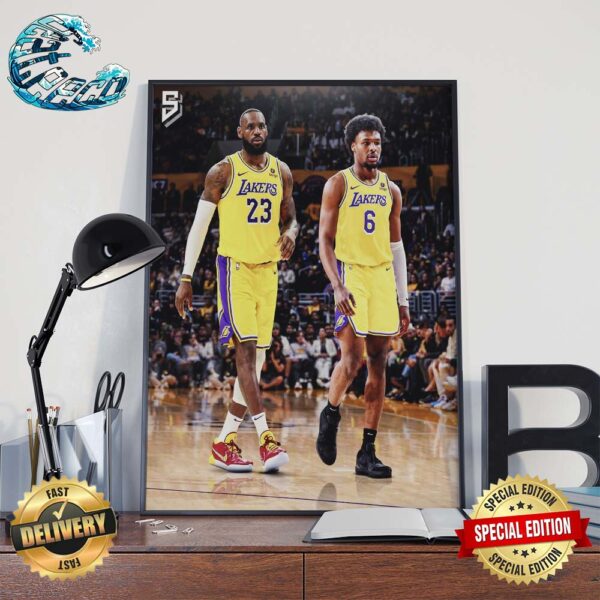 Bronny James And LeBron James In Los Angeles Lakers Father And Son Duo NBA Draft 2024 Home Decor Poster Canvas