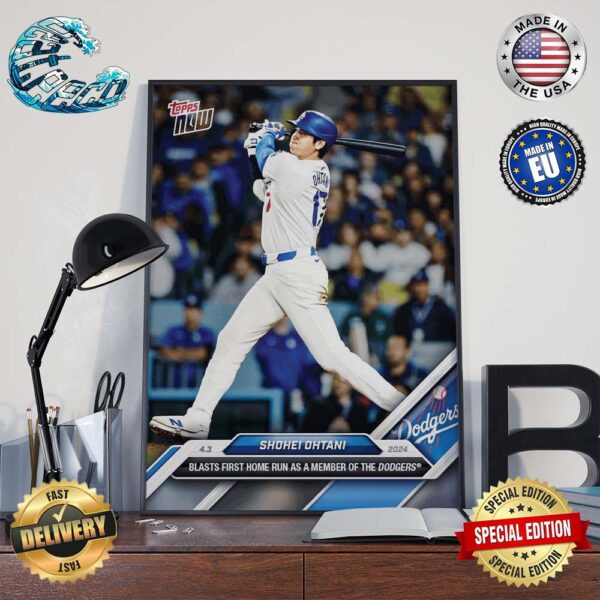 Los Angeles Dodgers Shohei Ohtani 2024 MLB Topps Now Card 36 First Home Run As A Member Of The Dodgers Poster Canvas