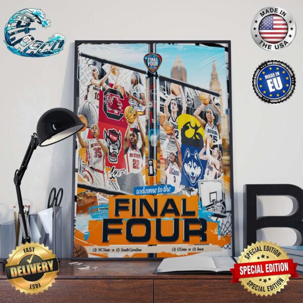 NCAA 2024 Women’s Basketball Tournament March Madness Final Four NC State South Carolina UConn Huskies Iowa Hawkeyes In Cleveland Poster Canvas