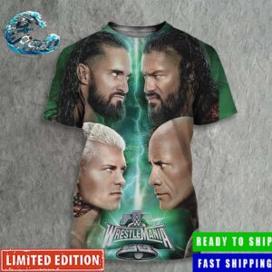 Official Poster For WWE WrestleMania XL Head To Head Matchup Cody Rhodes And Seth Rollins Vs Roman Reigns And The Rock All Over Print Shirt
