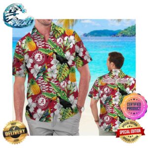 Alabama Crimson Tide America Flag Tropical Floral Aloha Hawaiian Shirt, Beach Shorts Custom Name For Men Women