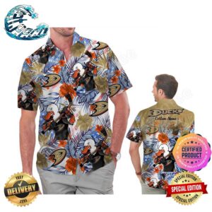 Anaheim Ducks America Flag Tropical Floral Aloha Hawaiian Shirt, Beach Shorts Custom Name For Men Women