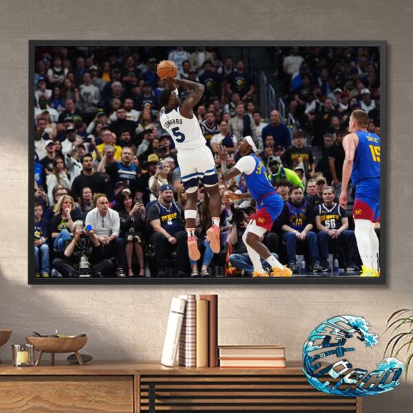 Anthony Edwards Minnesota Timberwolves Shoots The Ball Over Denver Nuggets Guard Kentavious Caldwell-Pope In The Fourth Quarter During Game One Of The Second Round 2024 NBA Playoff Poster Canvas