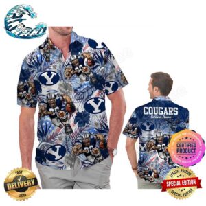 BYU Cougars America Flag Tropical Floral Aloha Hawaiian Shirt, Beach Shorts Custom Name For Men Women
