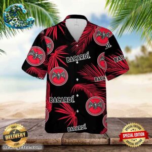 Bacardi Hawaiian Button Up Shirt Palm Leaves Pattern Party
