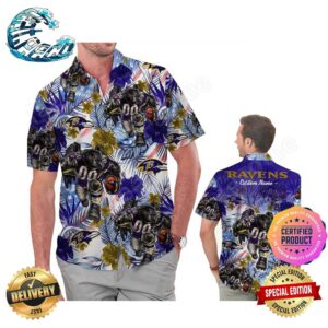 Baltimore Ravens America Flag Tropical Floral Aloha Hawaiian Shirt, Beach Shorts Custom Name For Men Women