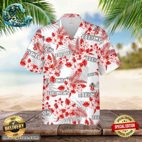 Beck’s Beer Hawaiian Button Up Shirt Flowers Pattern