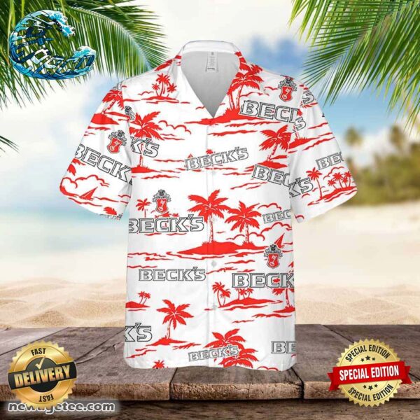 Beck’s Beer Hawaiian Button Up Shirt Island Palm Leaves
