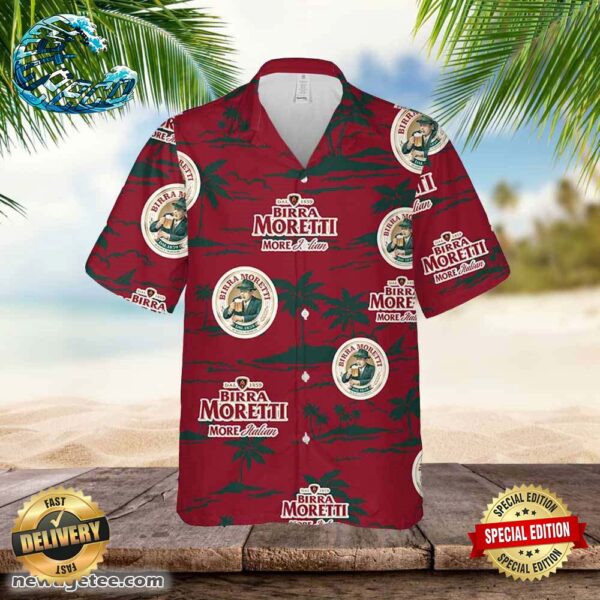 Birra Moretti Hawaiian Button Up Shirt Island Palm Leaves Shirt