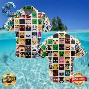 Block Faces Pattern Minecraft Button Up Hawaiian Shirt