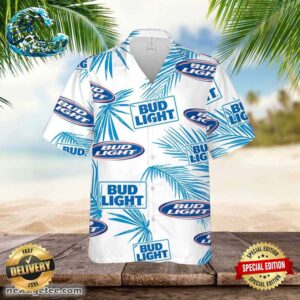 Bud Light Hawaiian Button Up Shirt Palm Leaves Pattern