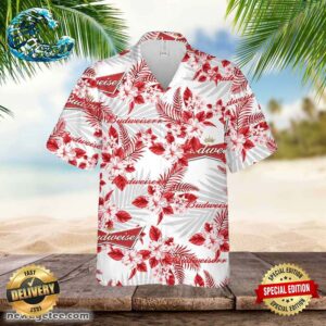 Budweiser Hawaiian Button Up Shirt Hibiscus Floral
