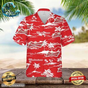 Budweiser Hawaiian Button Up Shirt Island Palm Leaves Shirt