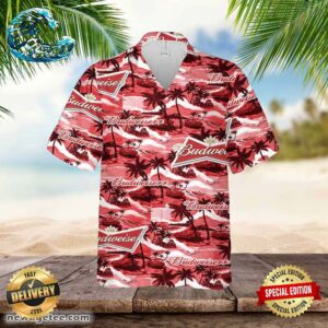 Budweiser Hawaiian Button Up Shirt Sea Island Pattern