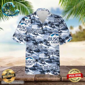Busch Light Hawaiian Button Up Shirt Sea Island Pattern