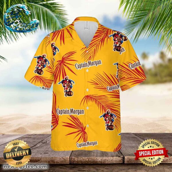 Captain Morgan Hawaiian Button Up Shirt Palm Leaves Pattern