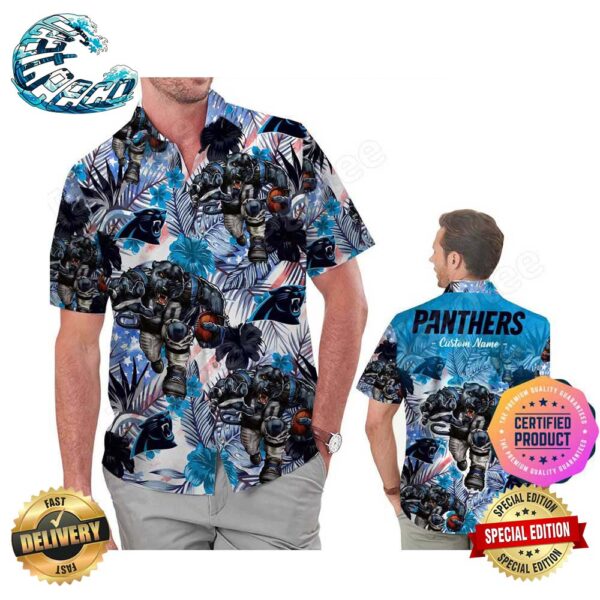 Carolina Panthers America Flag Tropical Floral Aloha Hawaiian Shirt Beach Shorts Custom Name For Men Women