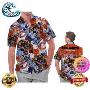 Chicago Bears America Flag Tropical Floral Aloha Hawaiian Shirt Beach Shorts Custom Name For Men Women