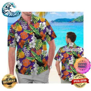 Clemson Tigers America Flag Tropical Floral Aloha Hawaiian Shirt, Beach Shorts Custom Name For Men Women