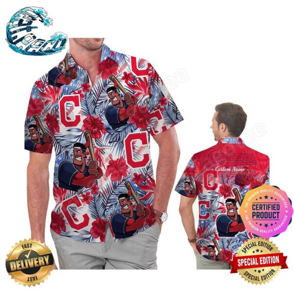 Cleveland Indians America Flag Tropical Floral MLB Aloha Hawaiian Shirt Beach Shorts Custom Name For Men Women