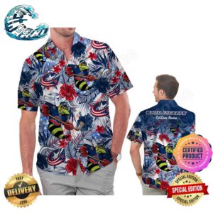 Columbus Blue Jackets America Flag Tropical Floral Aloha Hawaiian Shirt Beach Shorts Custom Name For Men Women