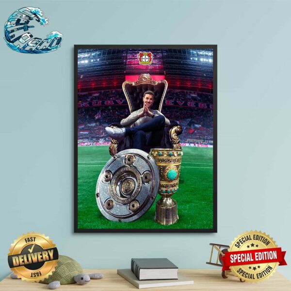 Congratulations King Xabi Alonso Bayer 04 Leverkusen With 2 Cups And Undefeated In Germany Season 2023-2024 Wall Decor Poster Canvas