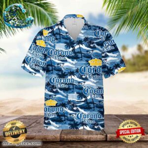 Corona Hawaiian Button Up Shirt Sea Island Pattern Beer