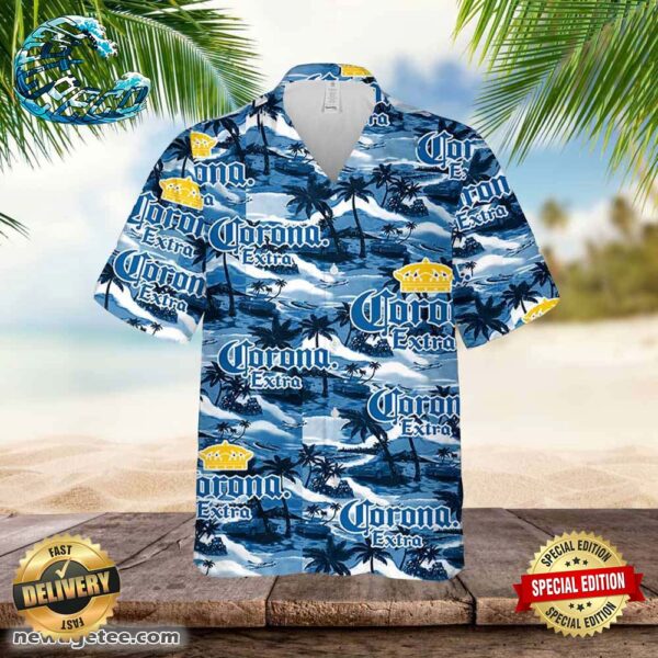 Corona Hawaiian Button Up Shirt Sea Island Pattern Beer