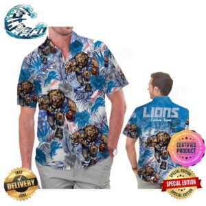 Detroit Lions America Flag Tropical Floral Aloha Hawaiian Shirt, Beach Shorts Custom Name For Men Women