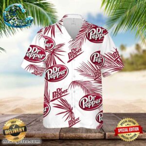Dr Pepper Hawaiian Button Up Shirt Palm Leaves Pattern