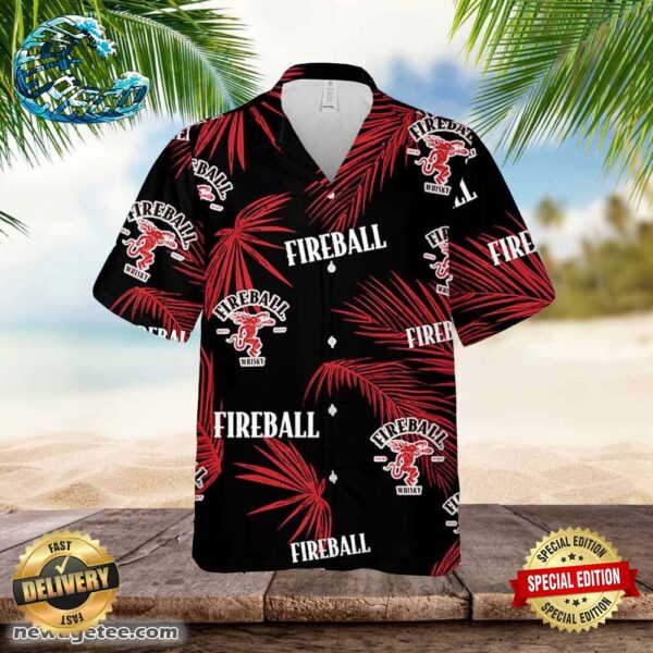 Fireball Hawaiian Button Up Shirt Palm Leaves Pattern Party