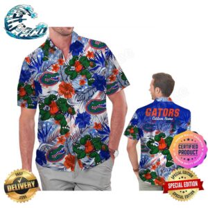 Florida Gators America Flag Tropical Floral Aloha Hawaiian Shirt Beach Shorts Custom Name For Men Women