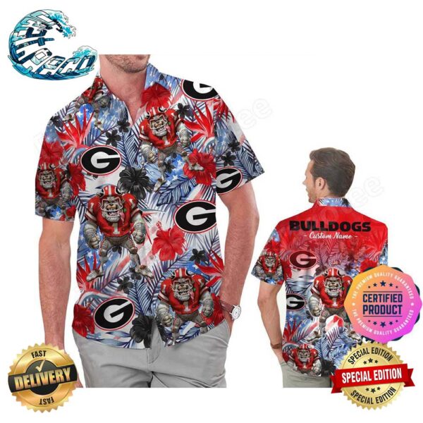 Georgia Bulldogs America Flag Tropical Floral Aloha Hawaiian Shirt, Beach Shorts Custom Name For Men Women
