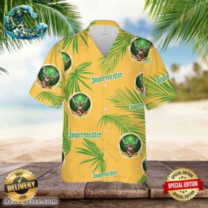 Jagermeister Hawaiian Button Up Shirt Palm Leaves Pattern