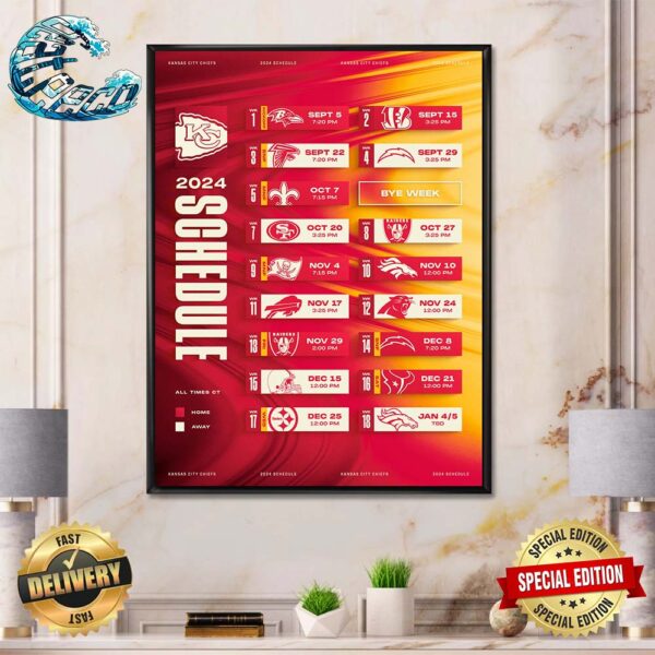 Kansas City Chiefs NFL 2024 Season Schedule Home Decor Poster Canvas