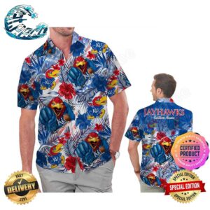 Kansas Jayhawks America Flag Tropical Floral Aloha Hawaiian Shirt Beach Shorts Custom Name For Men Women