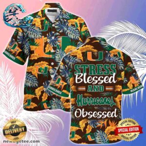Miami Hurricanes Summer Beach Hawaiian Shirt Stress Blessed Obsessed