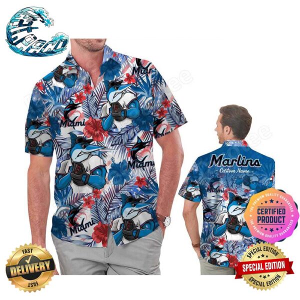 Miami Marlins America Flag Tropical Floral MLB Aloha Hawaiian Shirt Beach Shorts Custom Name For Men Women