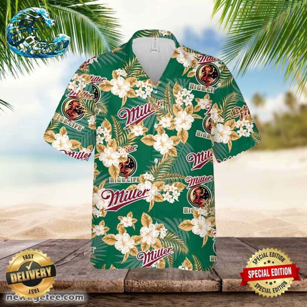 Miller High Life Hawaiian Button Up Shirt Flowers Pattern