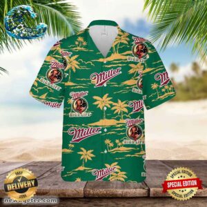 Miller High Life Hawaiian Button Up Shirt Island Palm Leaves