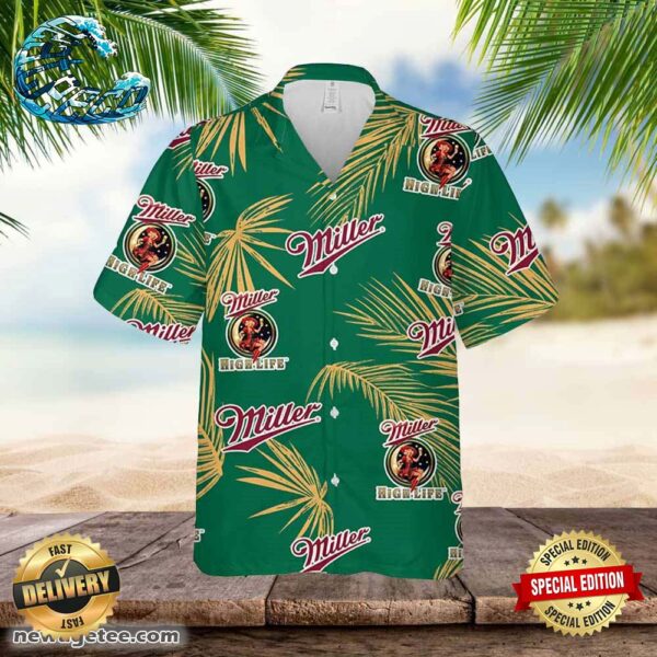 Miller High Life Hawaiian Palm Leaves Pattern Shirt Beer