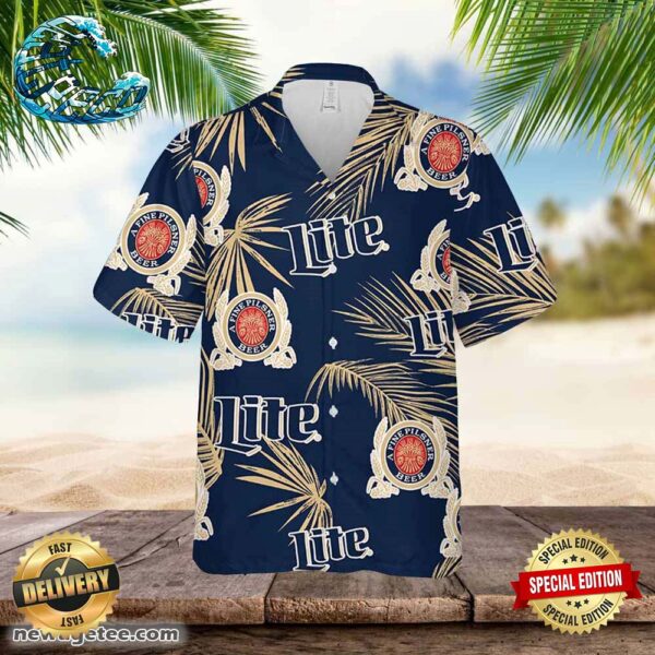 Miller Lite Hawaiian Button Up Shirt Palm Leaves Pattern