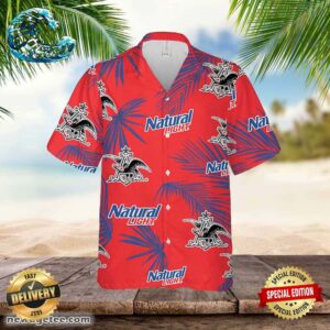 Natural Light Hawaiian Button Up Shirt Palm Leaves Pattern