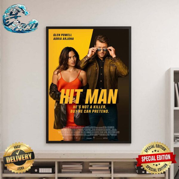 Official New Poster For Hit Man Starring Glen Powell Releasing On Netflix On June 7 Home Decor Poster Canvas