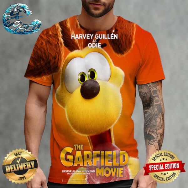 Official Poster Harvey Guillen As Odie The Garfield Movie 2024 Exclusively In Movie Theaters All Over Print Shirt