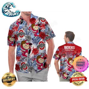 Ohio State Buckeyes America Flag Tropical Floral Aloha Hawaiian Shirt Beach Shorts Custom Name For Men Women