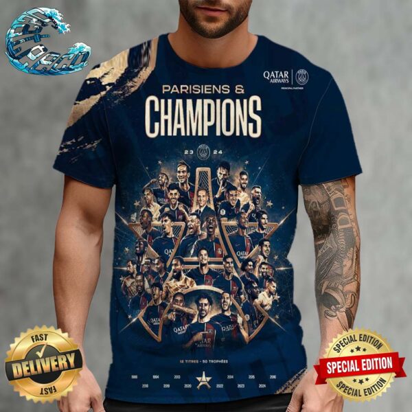 Paris Saint-Germain Parisiens Champions Ligue 1 Champions 12 Titres 50 Trophies All Over Print Shirt