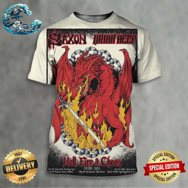 Saxon And Uriah Heep Hell Fire And Chaos In Texas 2024 Starting At The Gig In Cedar Park TX On May 27th All Over Print Shirt