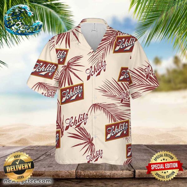 Schlitz Hawaiian Button Up Shirt Palm Leaves Pattern Party