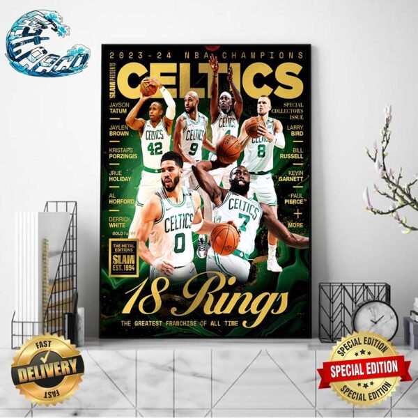 2023-24 NBA Champions Boston Celtics Gold The Metal Editions SLAM Presents 18 Rings The Greatest Franchise Of All Time Home Decor Poster Canvas